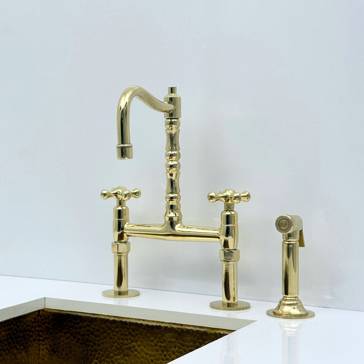 Unlacquered Brass Bridge Kitchen Faucet with Sprayer and Drinking Water Tap