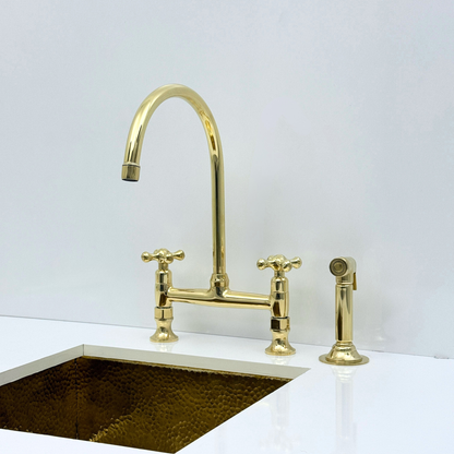 Unlacquered Brass Bridge Kitchen Faucet with Sprayer and Drinking Water Tap - UBCBF015