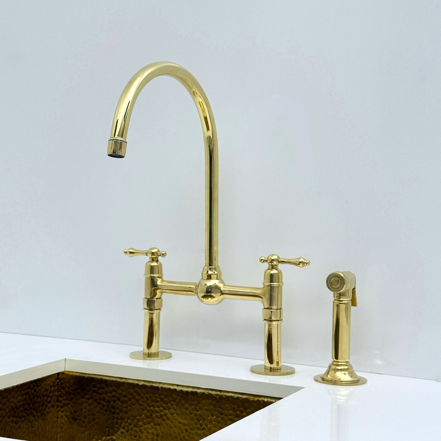 Unlacquered Brass Bridge Kitchen Faucet with Sprayer and Drinking Water Tap - UBLBF008