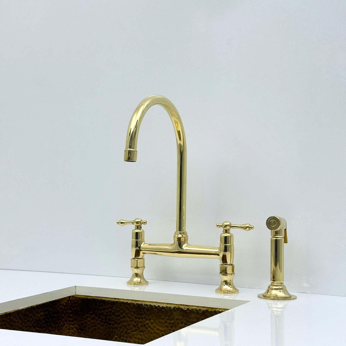 Unlacquered Brass Bridge Kitchen Faucet with Sprayer and Drinking Water Tap - UBLBF014