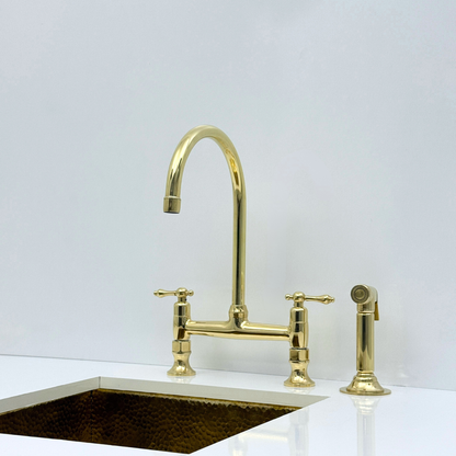 Unlacquered Brass Bridge Kitchen Faucet with Sprayer and Drinking Water Tap - UBLBF014