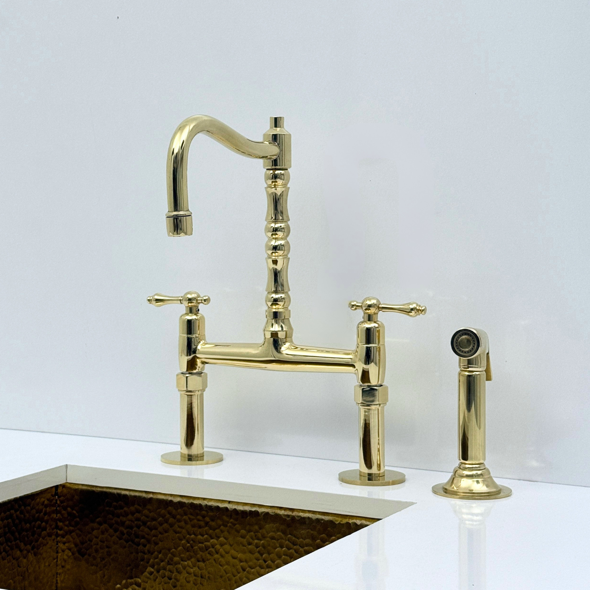 Unlacquered Brass Bridge Kitchen Faucet with Sprayer and Drinking Water Tap