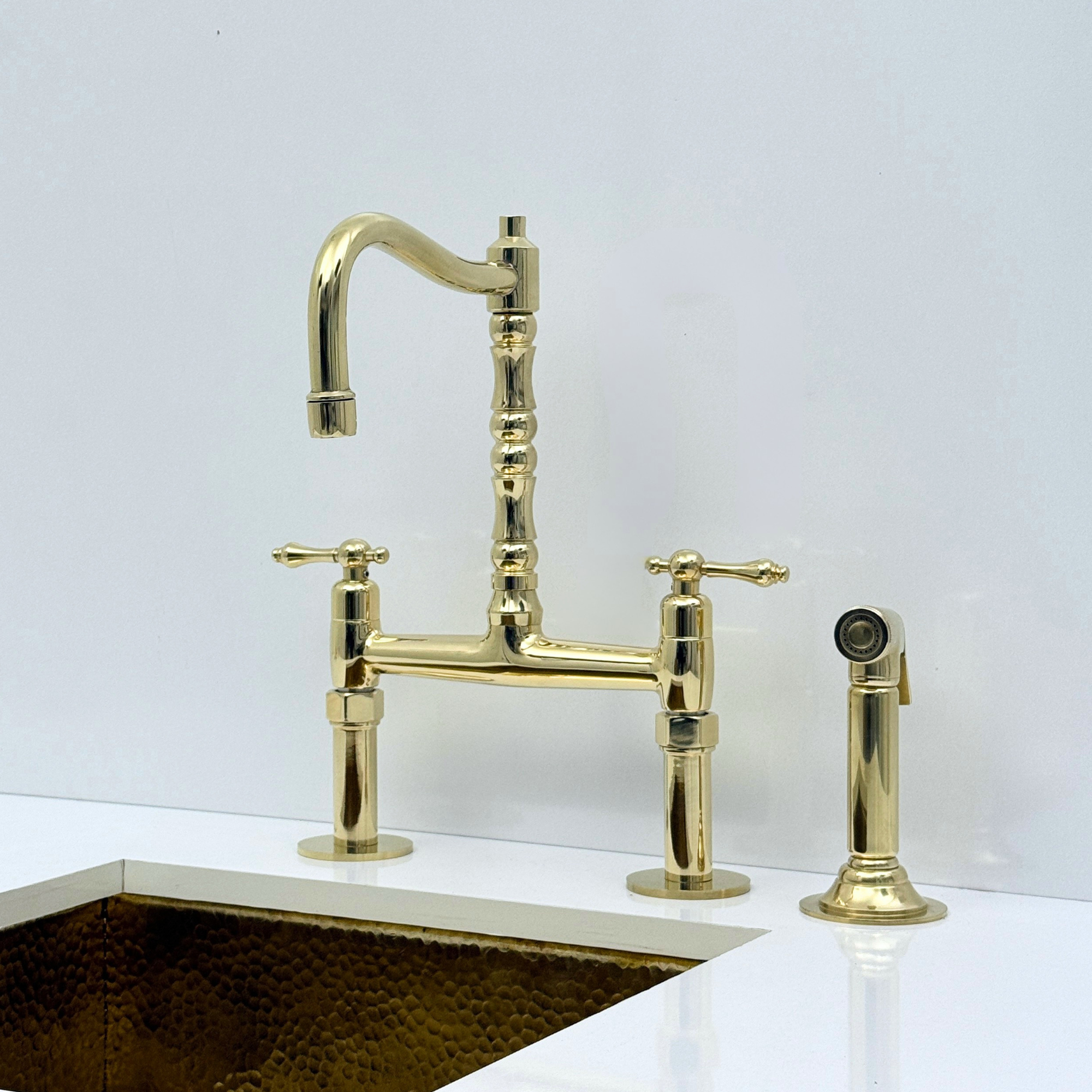 Unlacquered Brass Bridge Kitchen Faucet with Sprayer and Drinking Water Tap