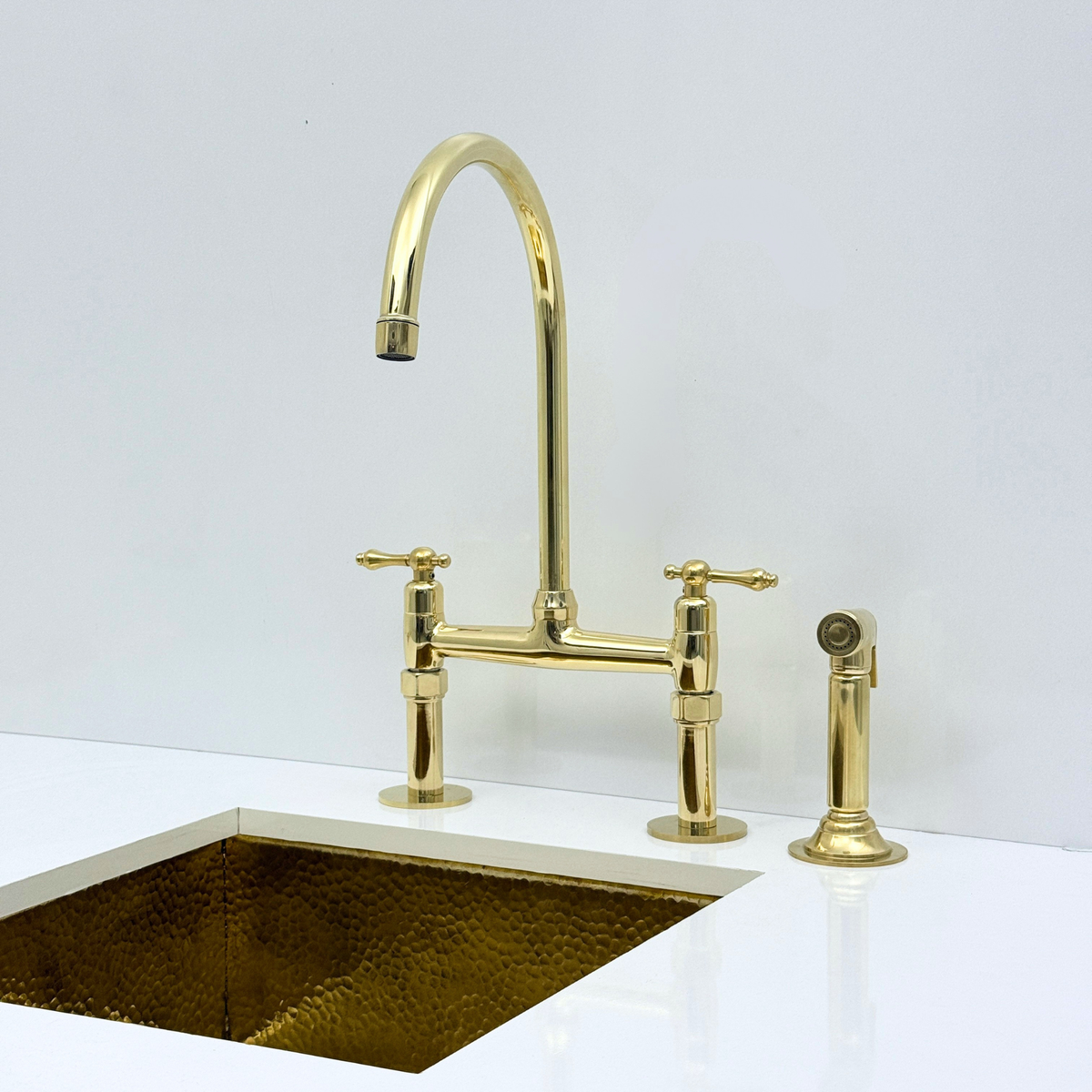 Unlacquered Brass Bridge Kitchen Faucet with Sprayer and Drinking Water Faucet