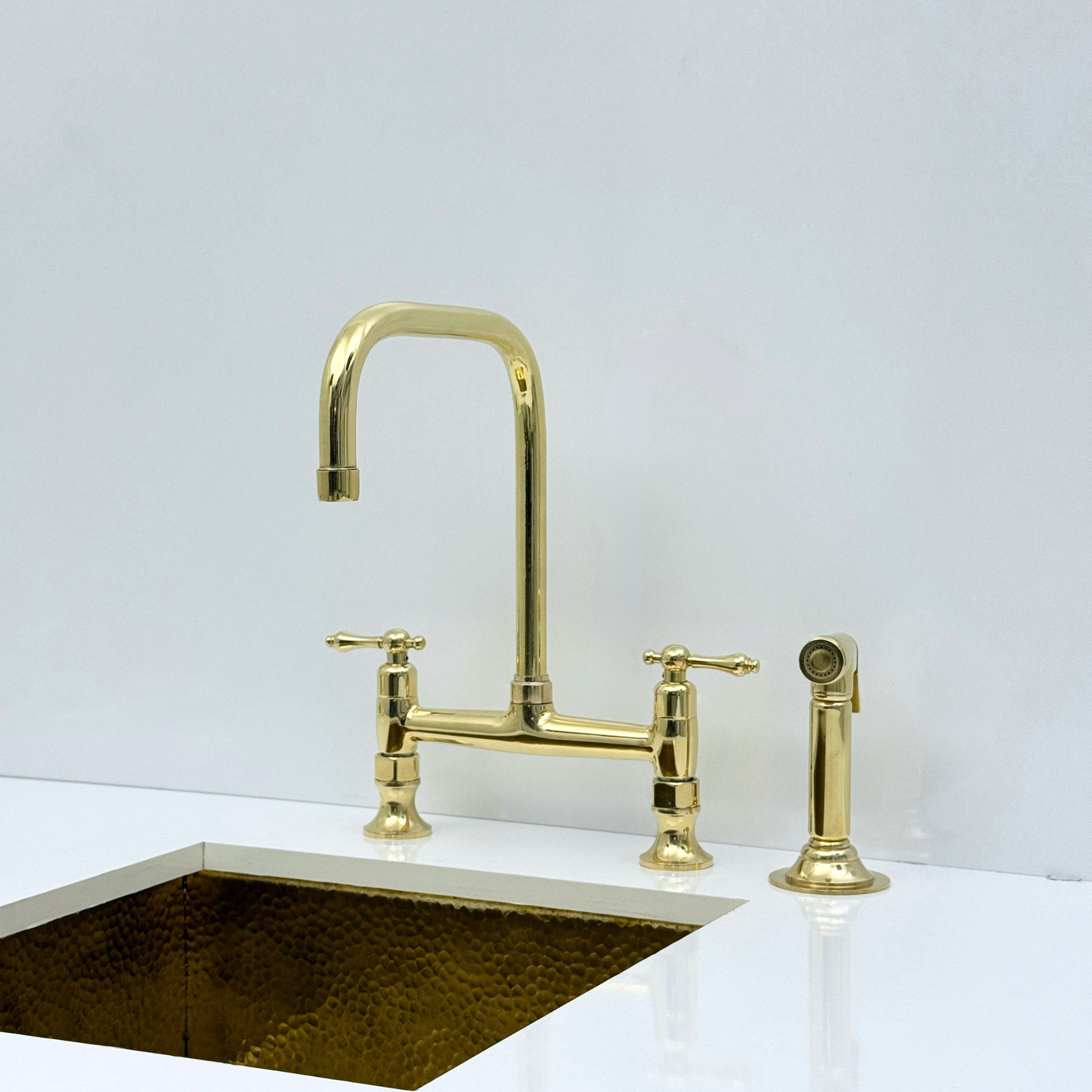 Unlacquered Brass Bridge Kitchen Faucet with Sprayer and Drinking Water Tap - UBLBF016