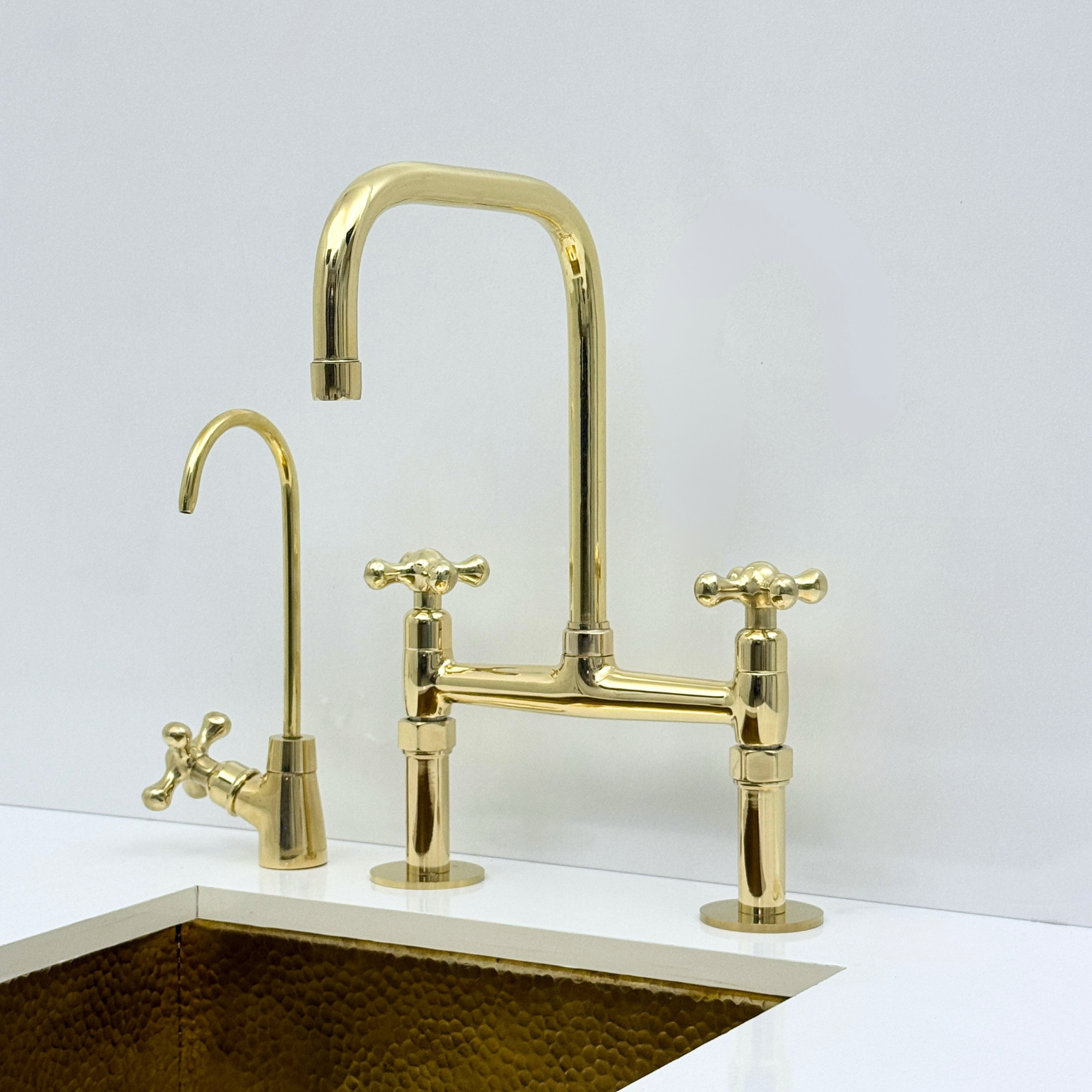 Unlacquered Brass Bridge Kitchen Faucet with Sprayer and Drinking Water Tap