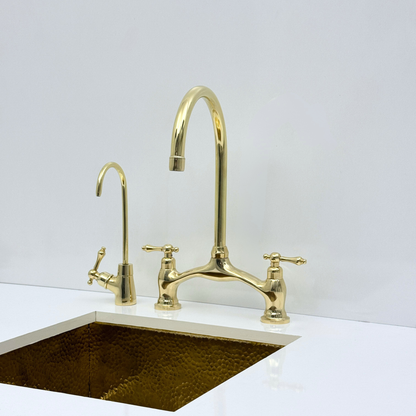 Unlacquered Brass Bridge Kitchen Faucet with Sprayer and Drinking Water Tap - UBLBF020