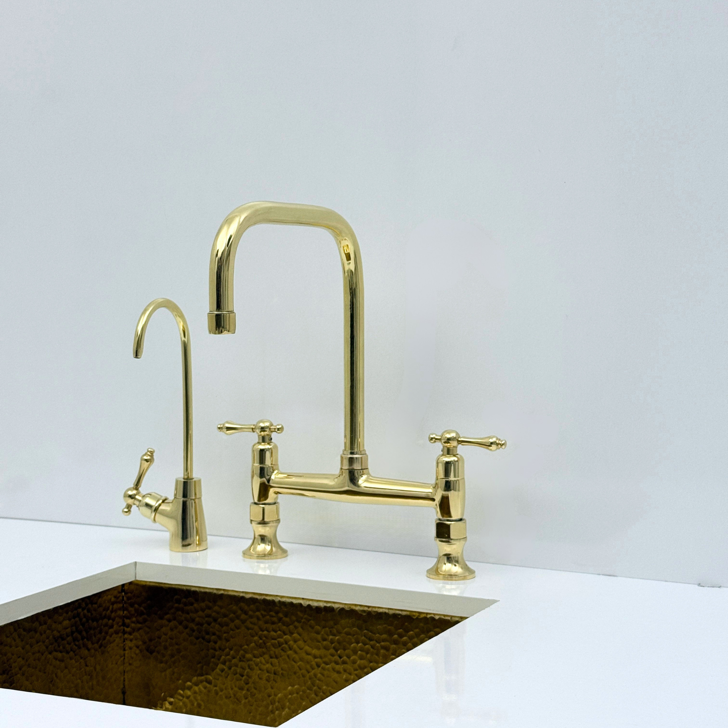 Unlacquered Brass Bridge Kitchen Faucet with Sprayer and Drinking Water Tap - UBLBF016
