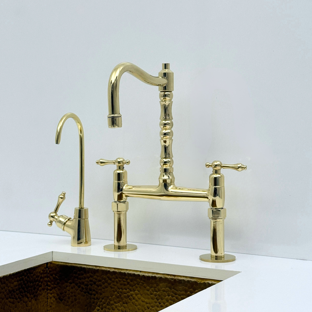 Unlacquered Brass Bridge Kitchen Faucet with Sprayer and Drinking Water Tap