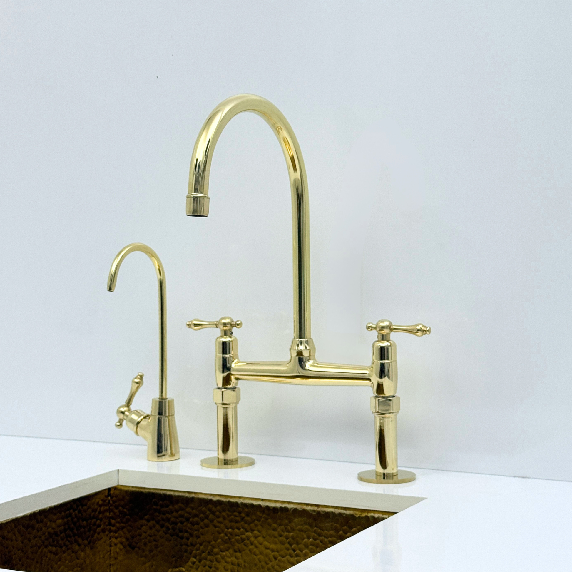 Unlacquered Brass Bridge Kitchen Faucet with Sprayer and Drinking Water Faucet