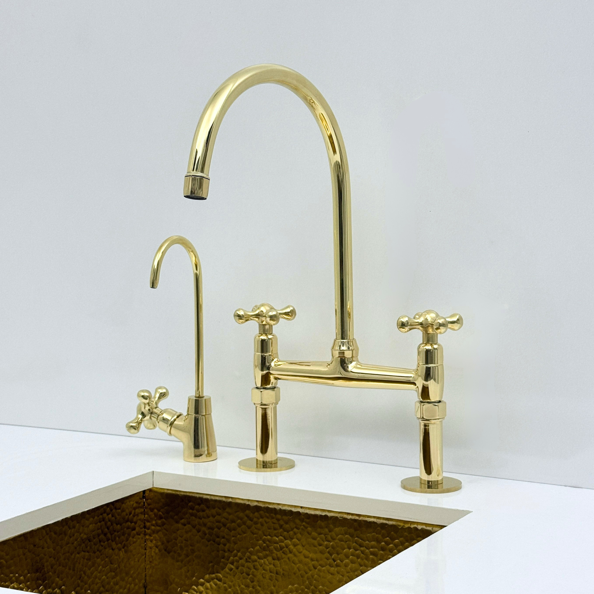 Atlas - Unlacquered Brass Bridge Kitchen Faucet with Side Sprayer and Drinking Water Tap