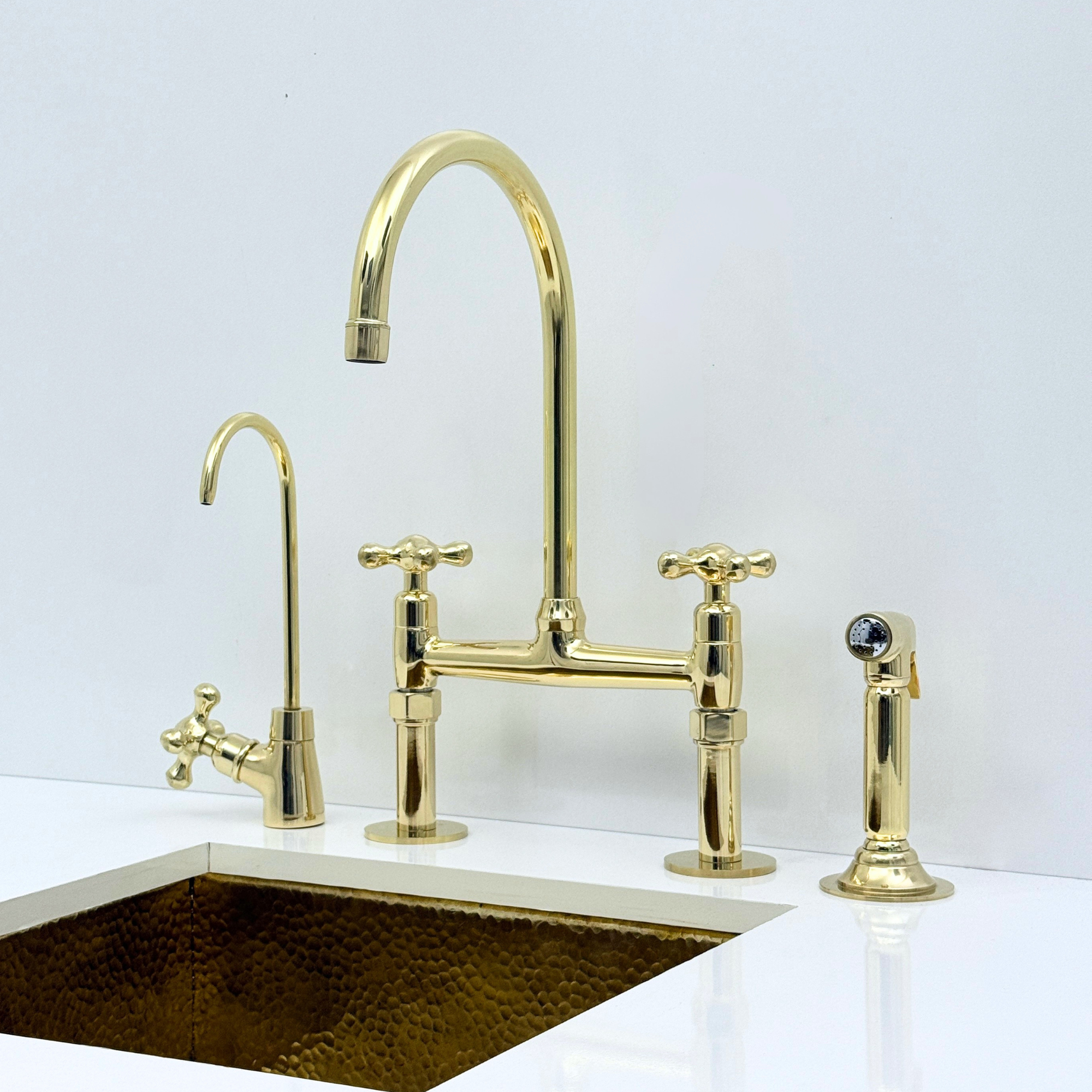 Unlacquered Brass Bridge Kitchen Faucet with Sprayer and Drinking Water Tap