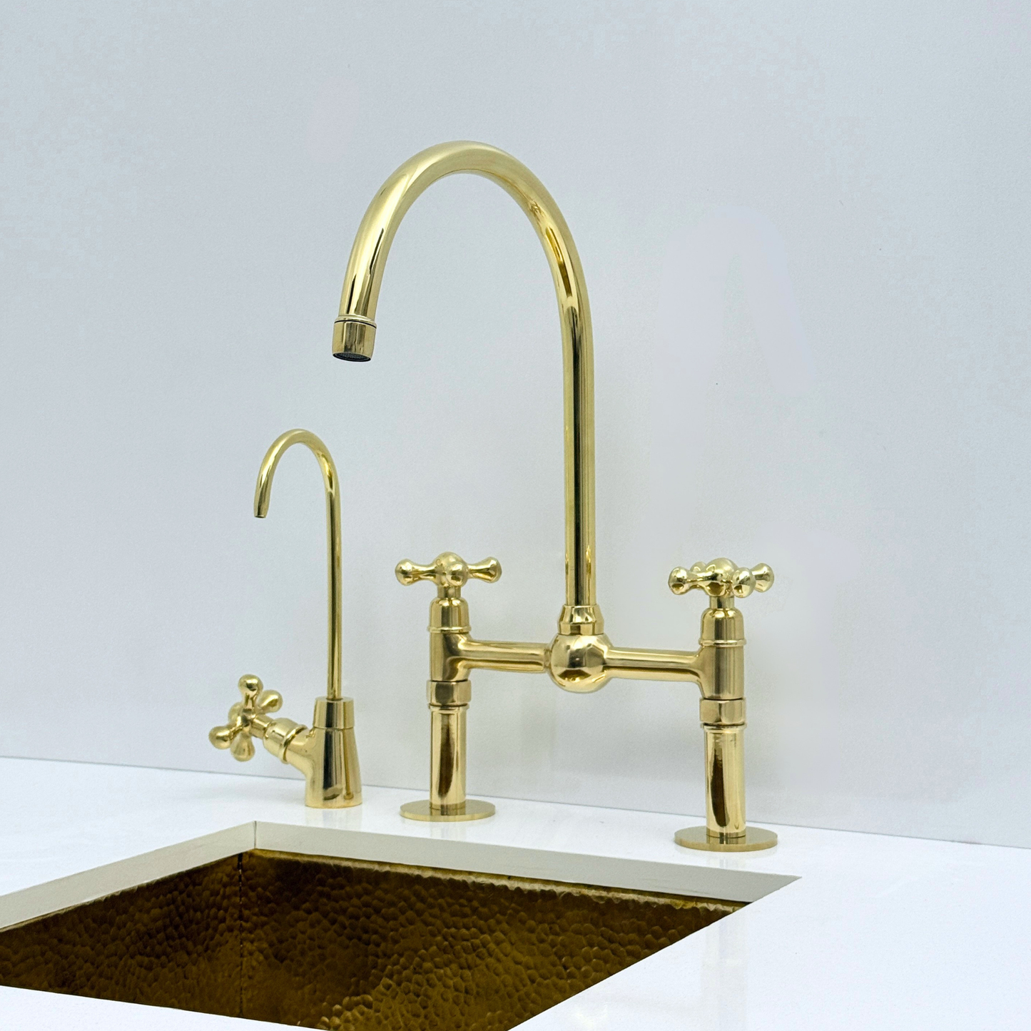 Unlacquered Brass Bridge Kitchen Faucet with Sprayer and Drinking Water Tap - UBCBF008