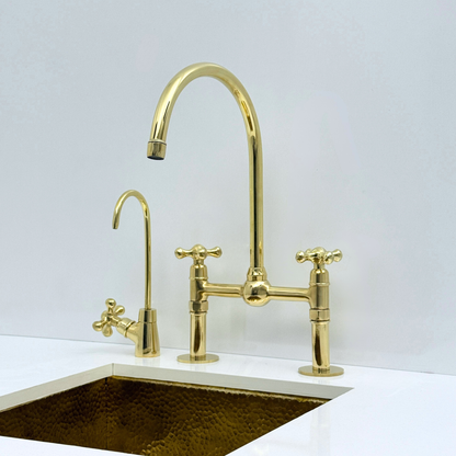 Unlacquered Brass Bridge Kitchen Faucet with Sprayer and Drinking Water Tap - UBCBF008