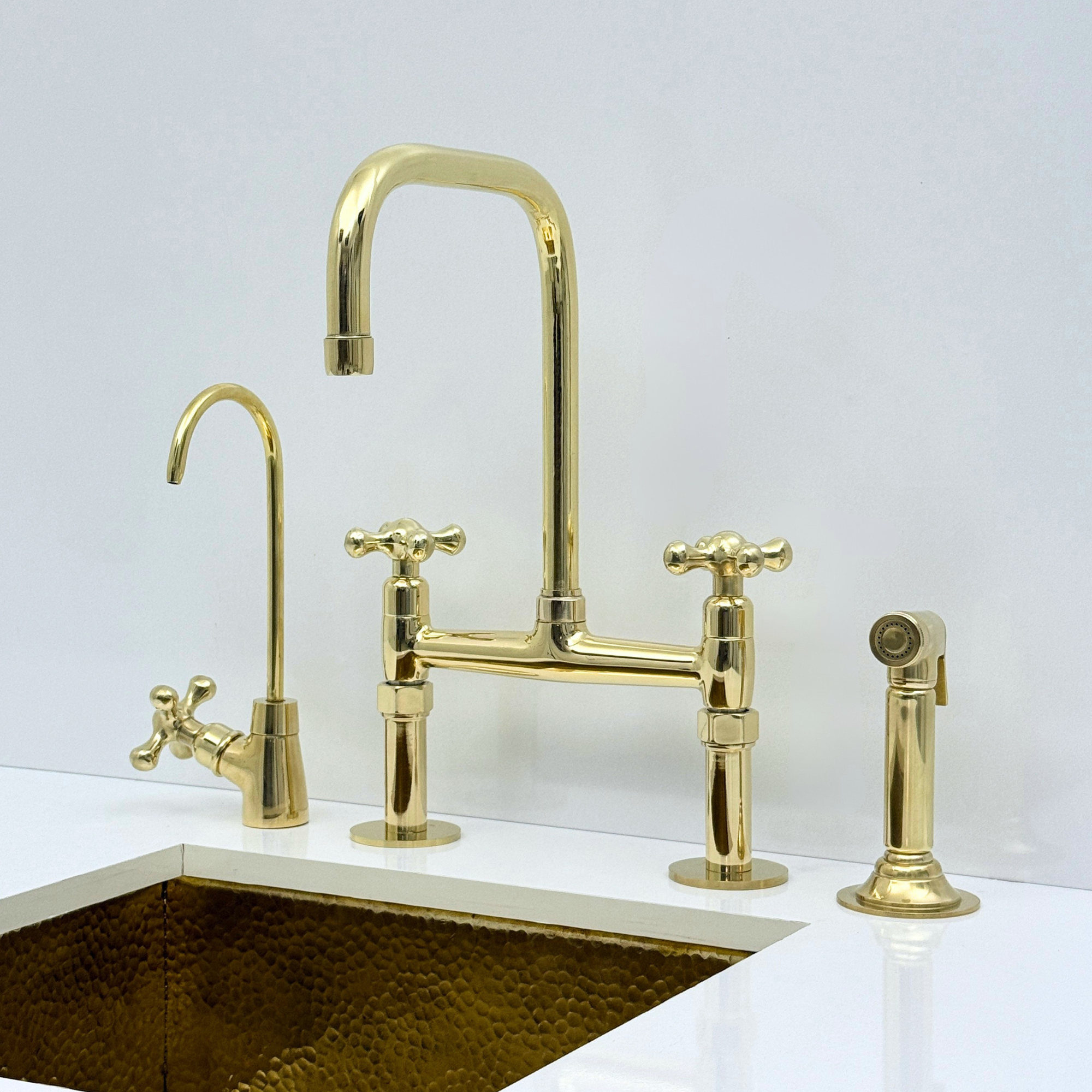 Unlacquered Brass Bridge Kitchen Faucet with Sprayer and Drinking Water Tap