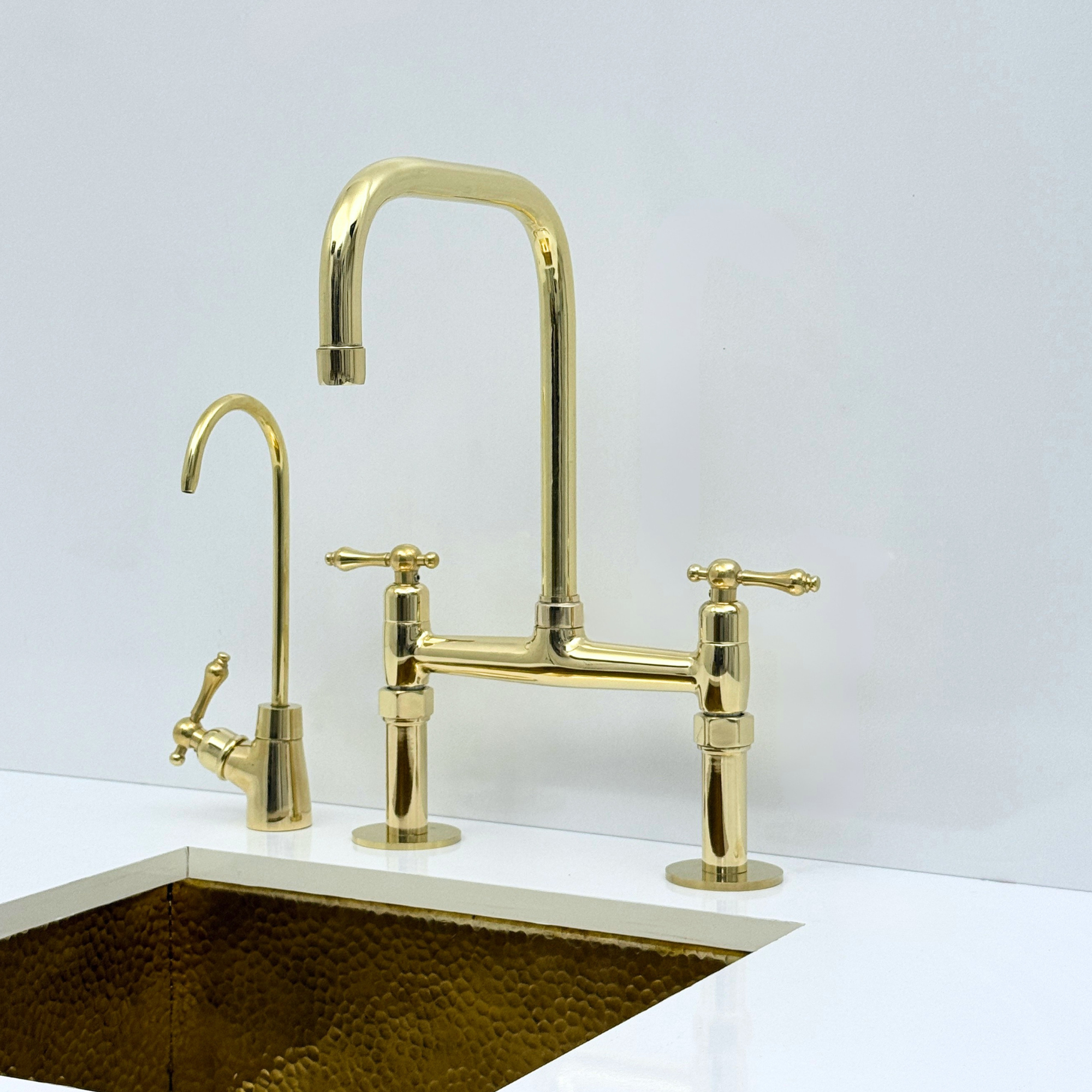 Unlacquered Brass Bridge Kitchen Faucet with Sprayer, Drinking Water Faucet