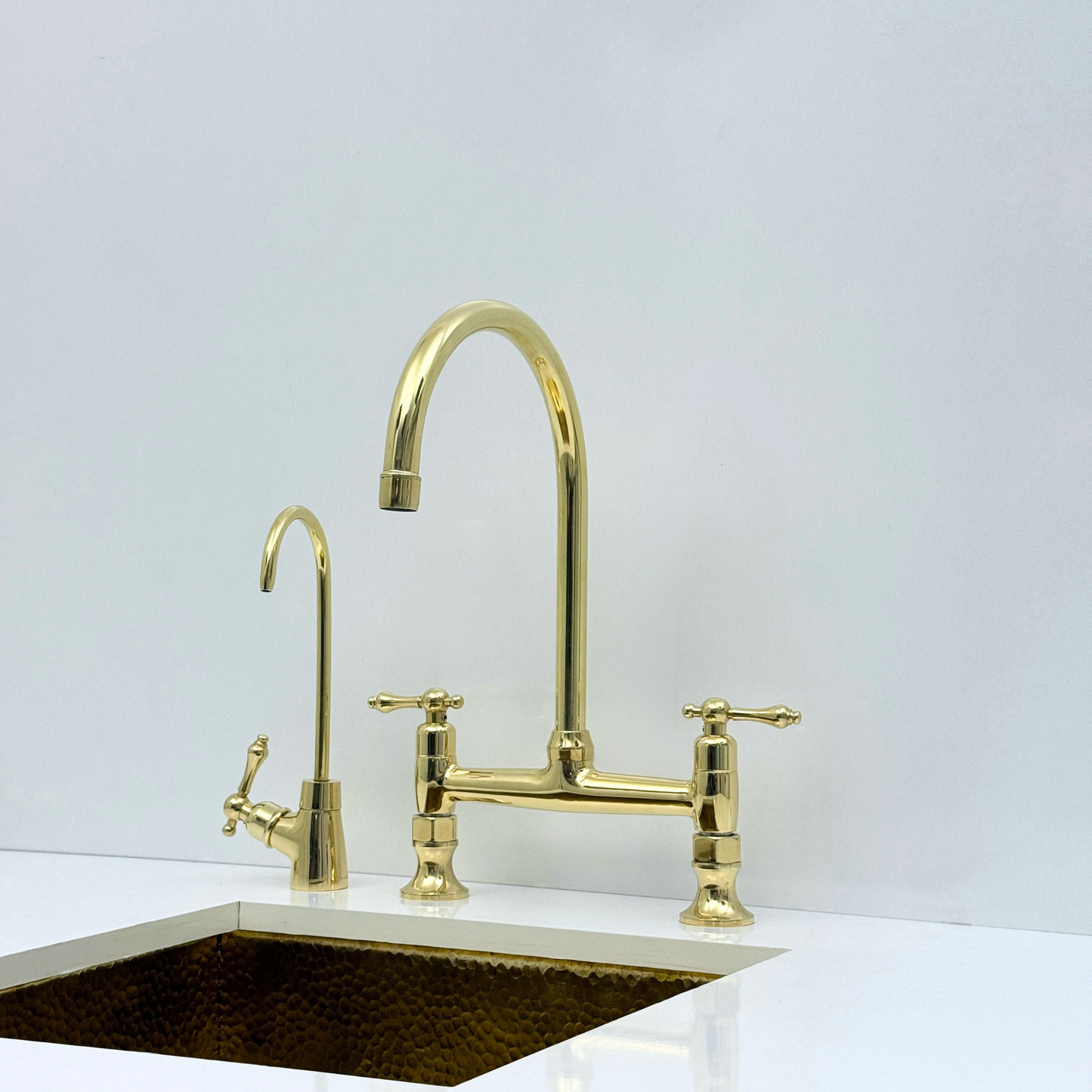 Unlacquered Brass Bridge Kitchen Faucet with Sprayer and Drinking Water Tap - UBLBF014