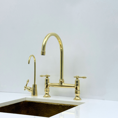 Unlacquered Brass Bridge Kitchen Faucet with Sprayer and Drinking Water Tap - UBLBF014