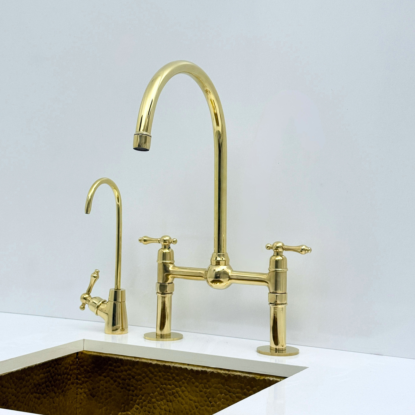 Unlacquered Brass Bridge Kitchen Faucet with Sprayer and Drinking Water Tap - UBLBF008