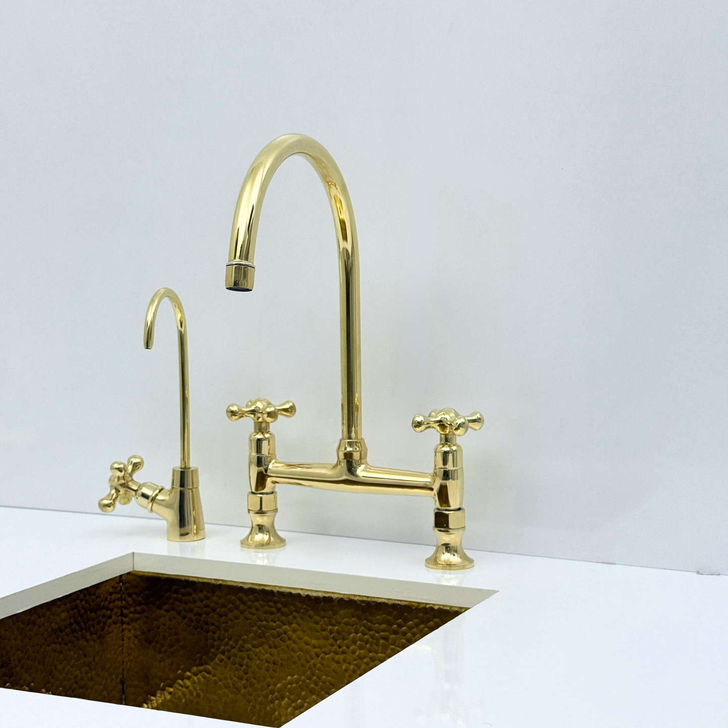 Unlacquered Brass Bridge Kitchen Faucet with Sprayer and Drinking Water Tap - UBCBF015