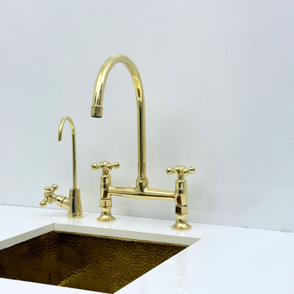 Unlacquered Brass Bridge Kitchen Faucet with Sprayer and Drinking Water Tap - UBCBF015