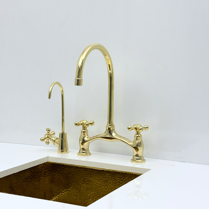 Unlacquered Brass Bridge Kitchen Faucet with Sprayer and Drinking Water Tap - UBCBF020