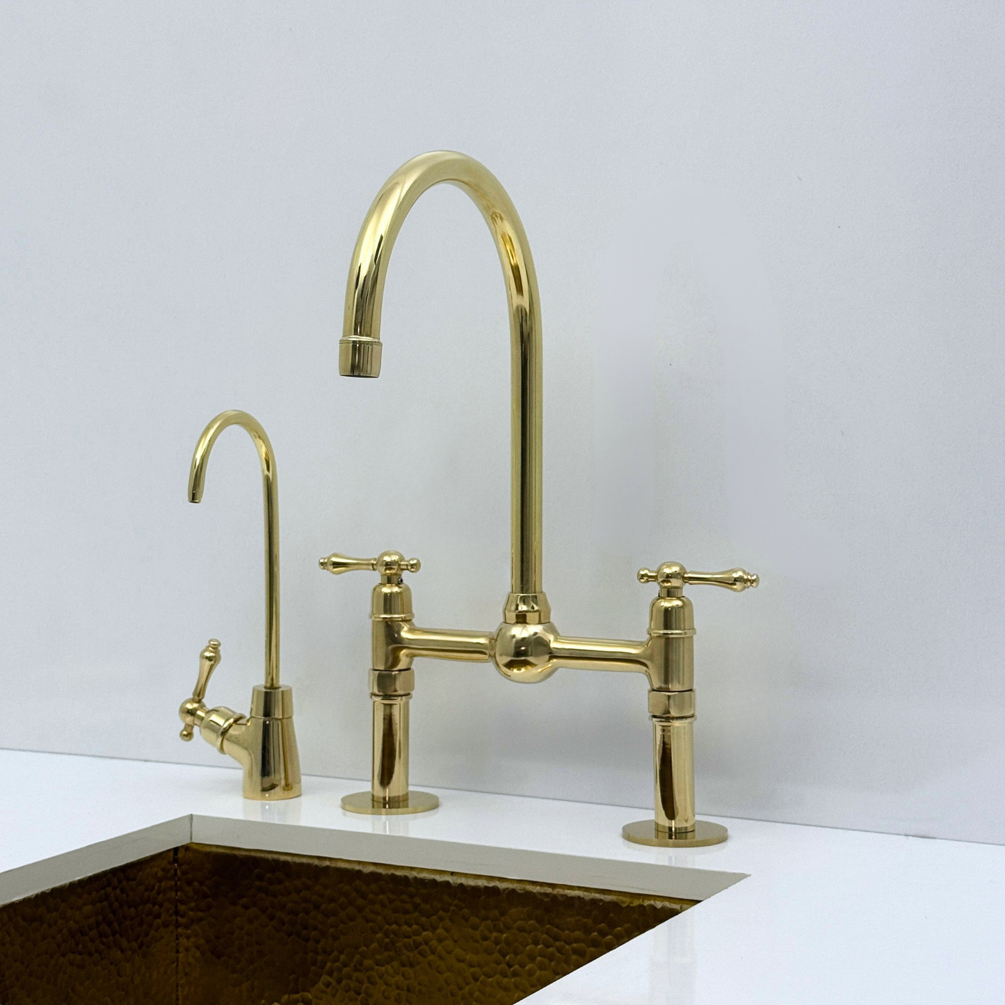 Unlacquered Brass Bridge Kitchen Faucet with Sprayer and Drinking Water Tap - UBLBF013
