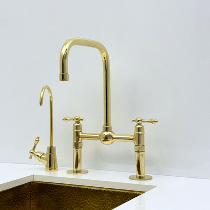 Unlacquered Brass Bridge Kitchen Faucet with Sprayer and Drinking Water Tap - UBLBF018