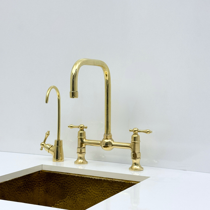 Unlacquered Brass Bridge Kitchen Faucet with Sprayer and Drinking Water Tap - UBLBF017
