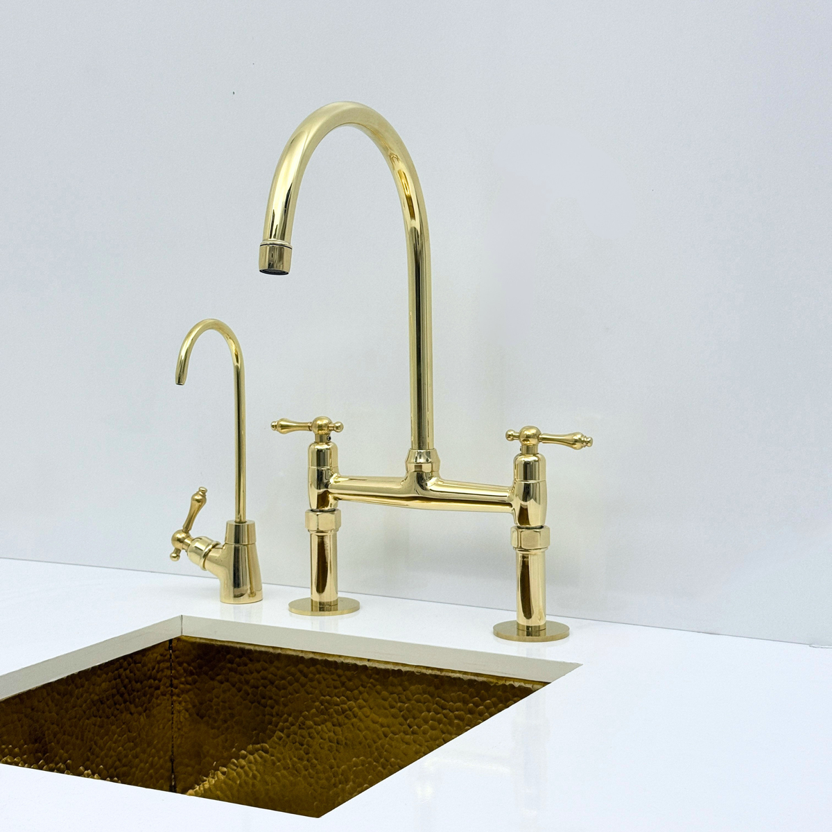 Unlacquered Brass Bridge Kitchen Faucet with Sprayer and Drinking Water Faucet