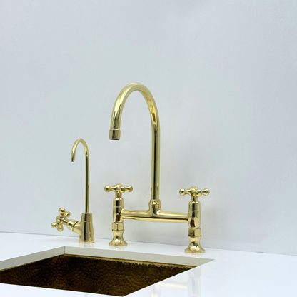 Unlacquered Brass Bridge Kitchen Faucet with Sprayer and Drinking Water Tap - UBCBF014