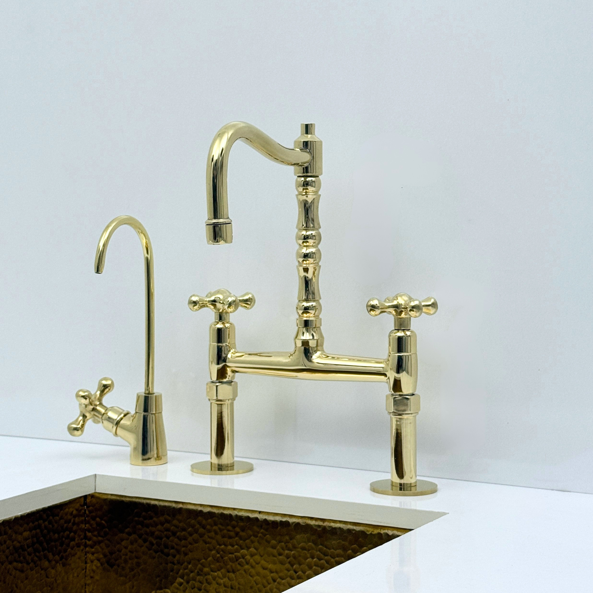 Unlacquered Brass Bridge Kitchen Faucet with Sprayer and Drinking Water Tap