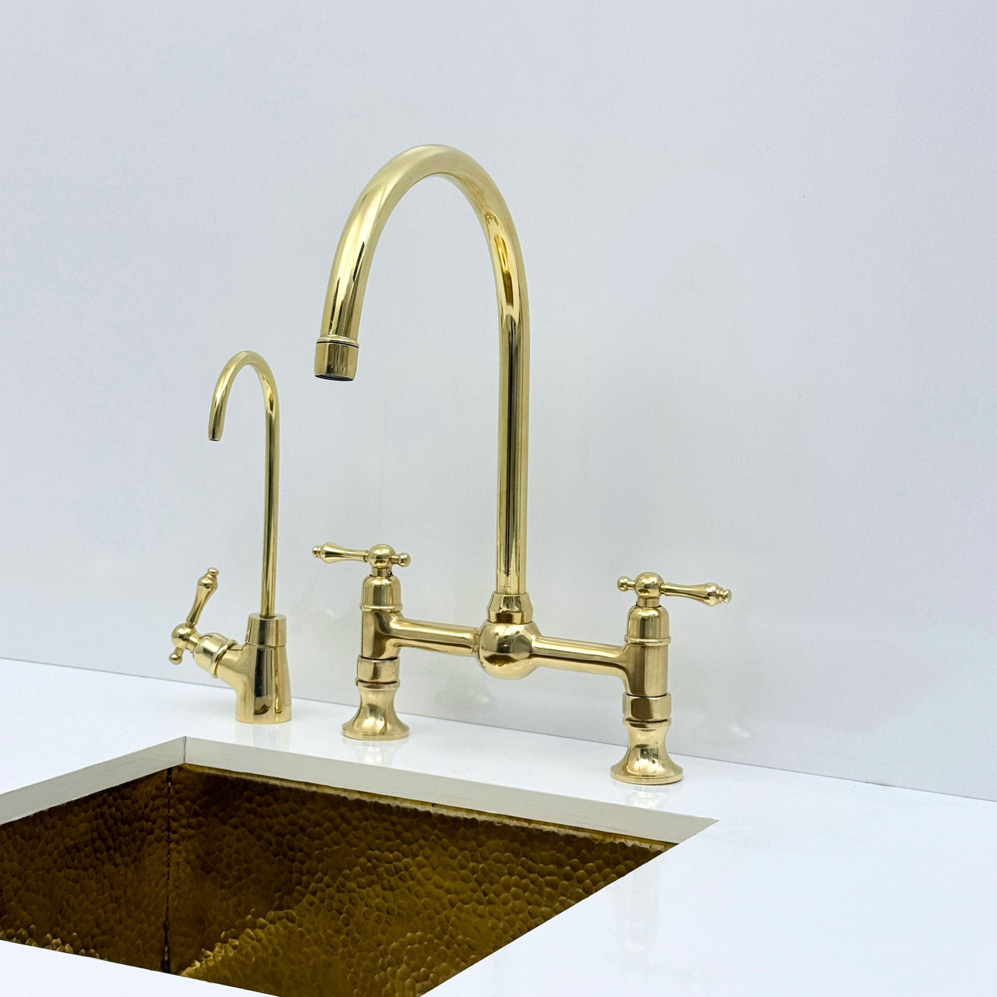 Unlacquered Brass Bridge Kitchen Faucet with Sprayer and Drinking Water Tap - UBLBF011