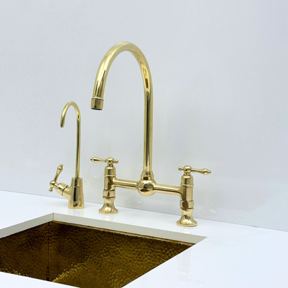 Unlacquered Brass Bridge Kitchen Faucet with Sprayer and Drinking Water Tap - UBLBF011