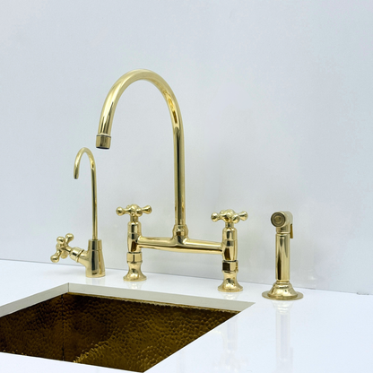 Unlacquered Brass Bridge Kitchen Faucet with Sprayer and Drinking Water Tap - UBCBF015