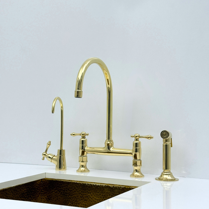 Unlacquered Brass Bridge Kitchen Faucet with Sprayer and Drinking Water Tap - UBLBF014
