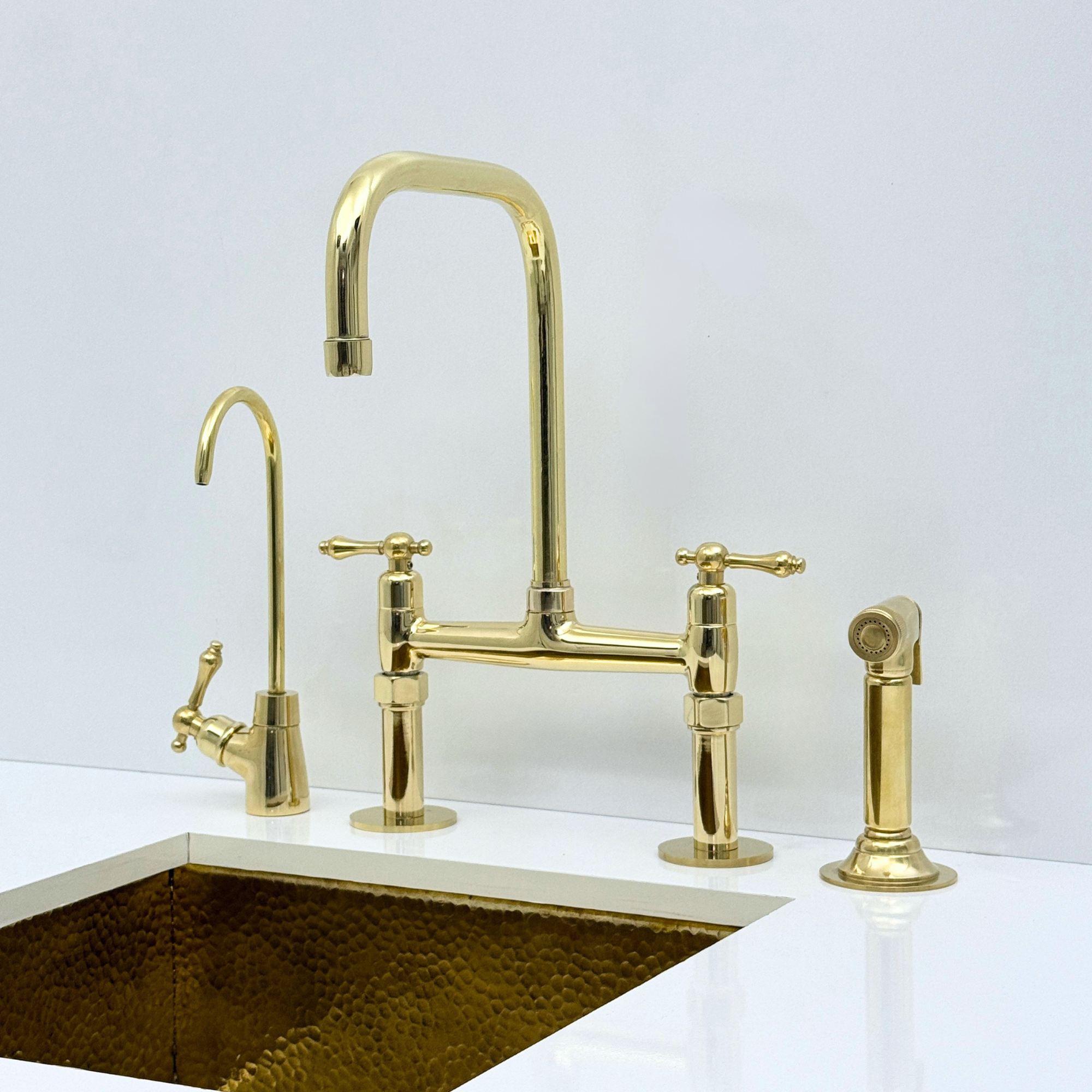 Unlacquered Brass Bridge Kitchen Faucet with Sprayer, Drinking Water Faucet