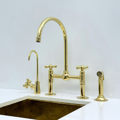 Unlacquered Brass Bridge Kitchen Faucet with Sprayer and Drinking Water Tap - UBCBF008