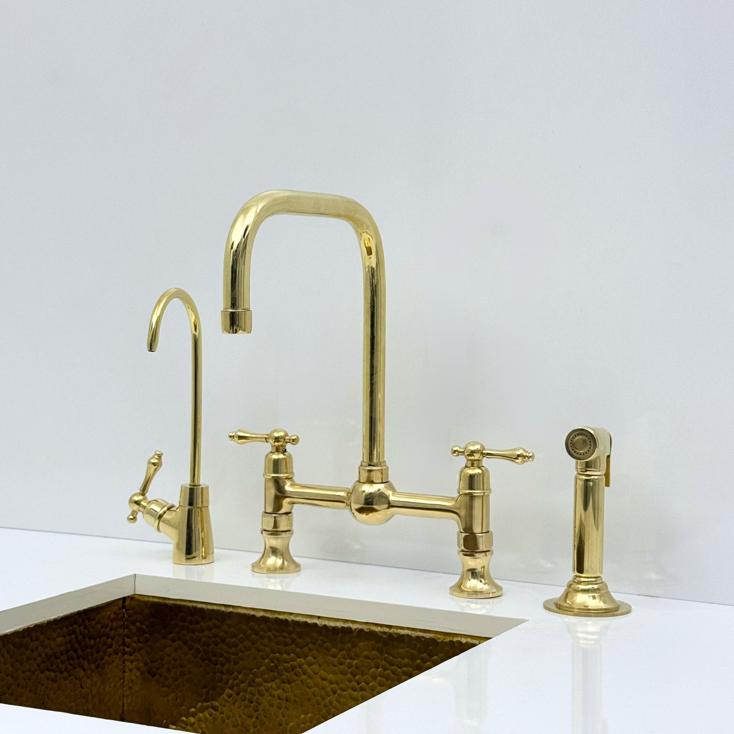 Unlacquered Brass Bridge Kitchen Faucet with Sprayer and Drinking Water Tap - UBLBF017