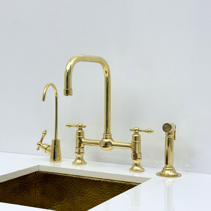 Unlacquered Brass Bridge Kitchen Faucet with Sprayer and Drinking Water Tap - UBLBF017