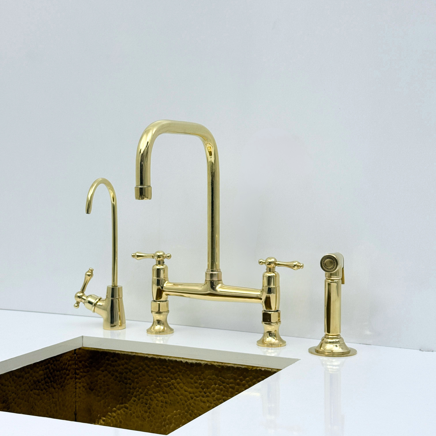 Unlacquered Brass Bridge Kitchen Faucet with Sprayer and Drinking Water Tap - UBLBF016