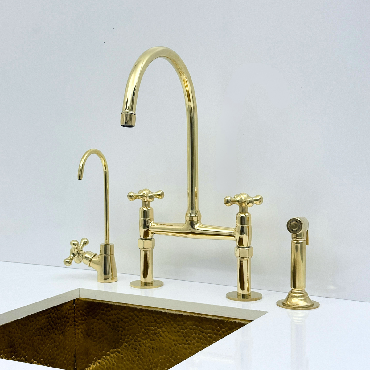 Atlas - Unlacquered Brass Bridge Kitchen Faucet with Side Sprayer and Drinking Water Tap