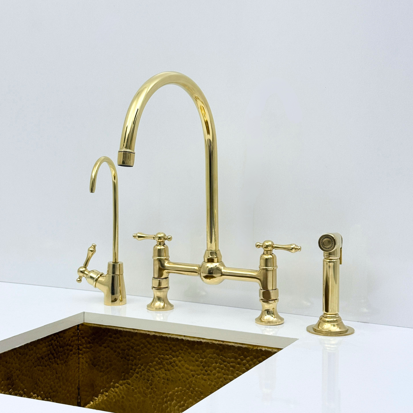 Unlacquered Brass Bridge Kitchen Faucet with Sprayer and Drinking Water Tap - UBLBF011