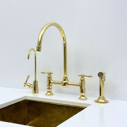 Unlacquered Brass Bridge Kitchen Faucet with Sprayer and Drinking Water Tap - UBLBF011