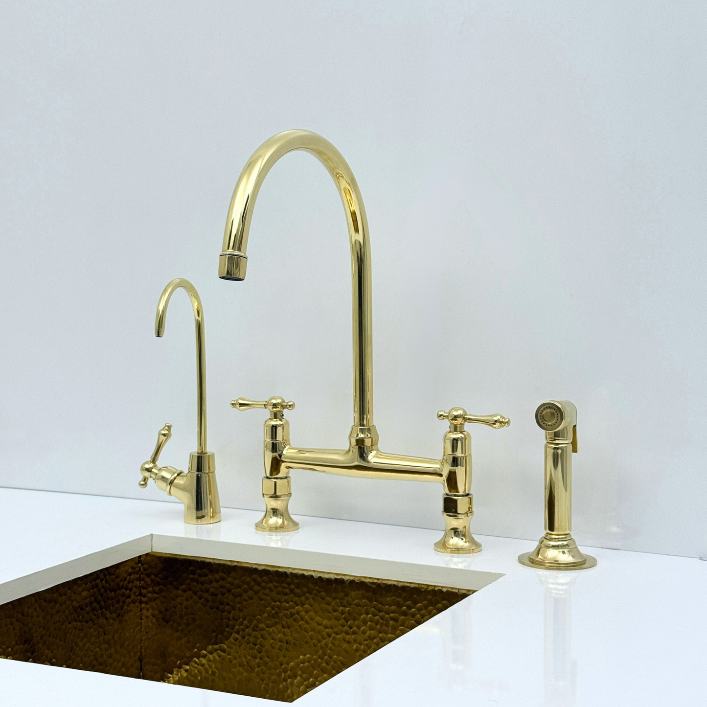 Unlacquered Brass Bridge Kitchen Faucet with Sprayer and Drinking Water Tap - UBLBF015