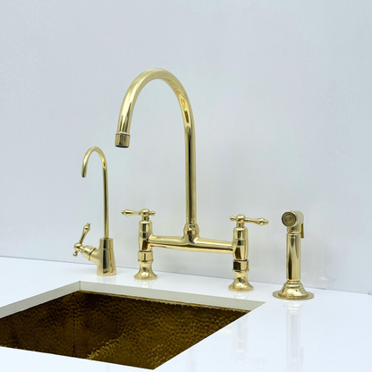 Unlacquered Brass Bridge Kitchen Faucet with Sprayer and Drinking Water Tap - UBLBF015