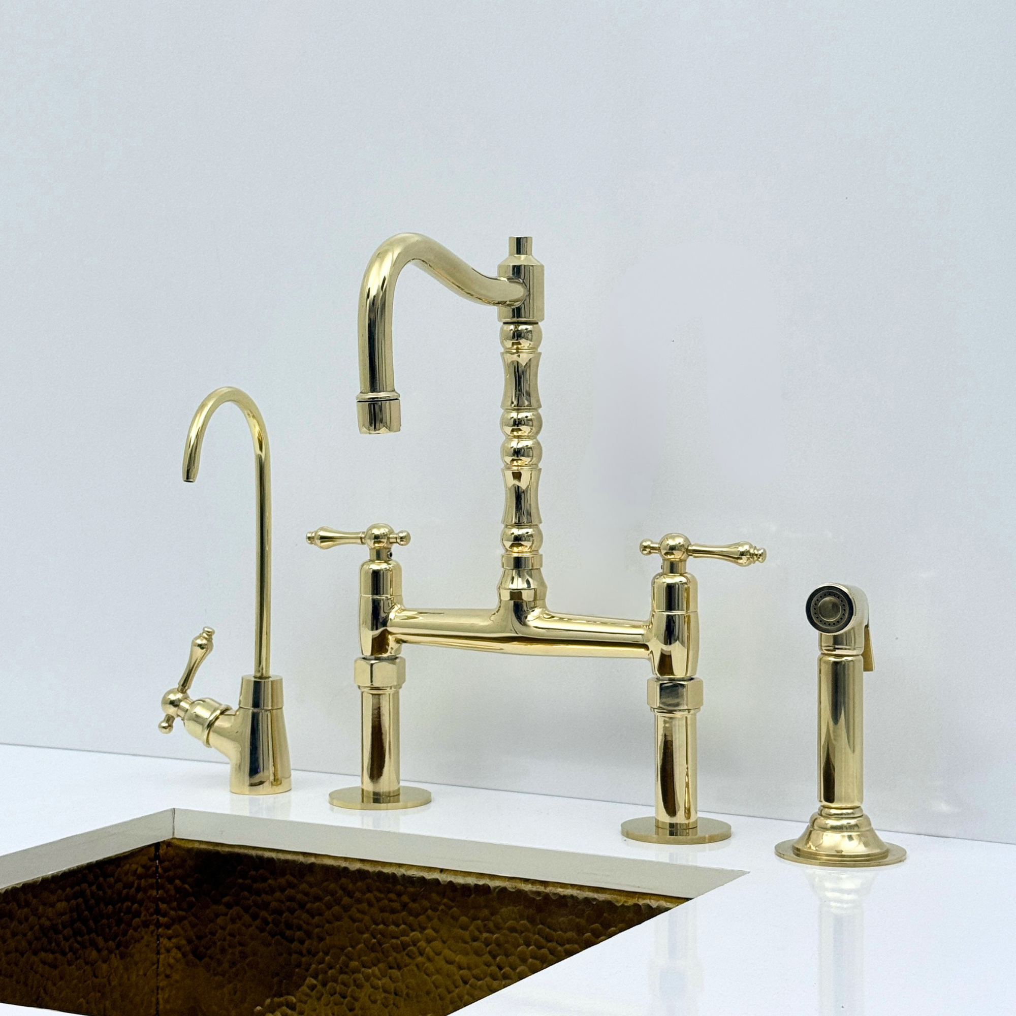 Unlacquered Brass Bridge Kitchen Faucet with Sprayer and Drinking Water Tap