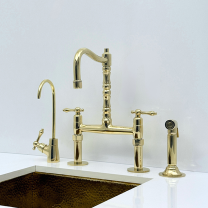 Unlacquered Brass Bridge Kitchen Faucet with Sprayer and Drinking Water Tap
