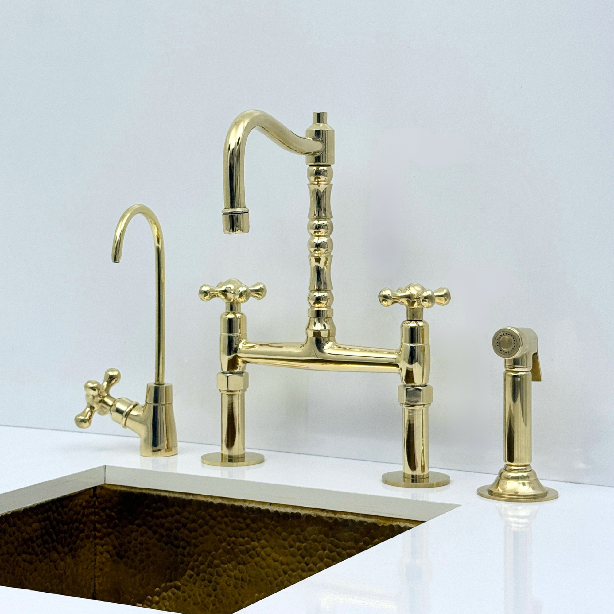 Unlacquered Brass Bridge Kitchen Faucet with Sprayer and Drinking Water Tap