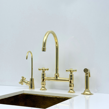 Unlacquered Brass Bridge Kitchen Faucet with Sprayer and Drinking Water Tap - UBCBF014